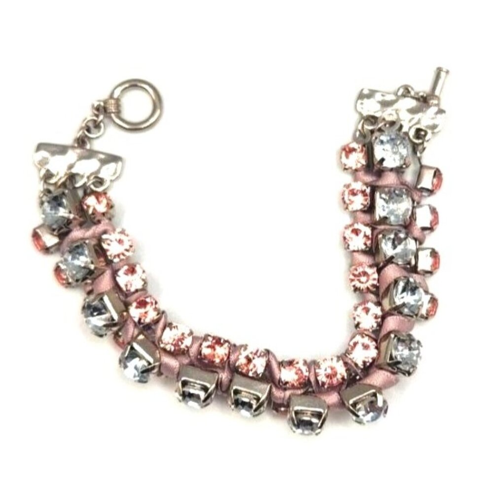 Crystal & Pink Rhinestone Bracelet With Woven Satin Ribbon And Metal Clasp